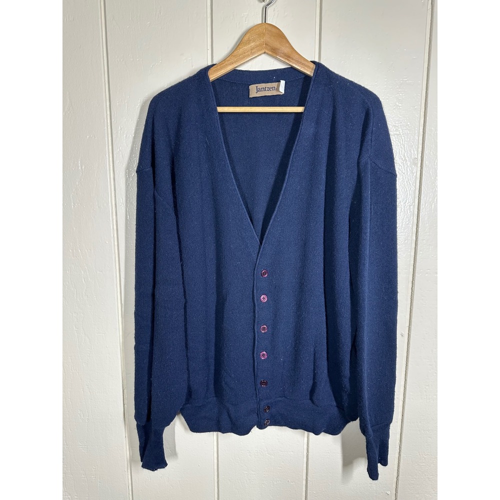 Jantzen Cardigan Mens XL Blue V-Neck Button Front Knit Sweater Made in USA 7674